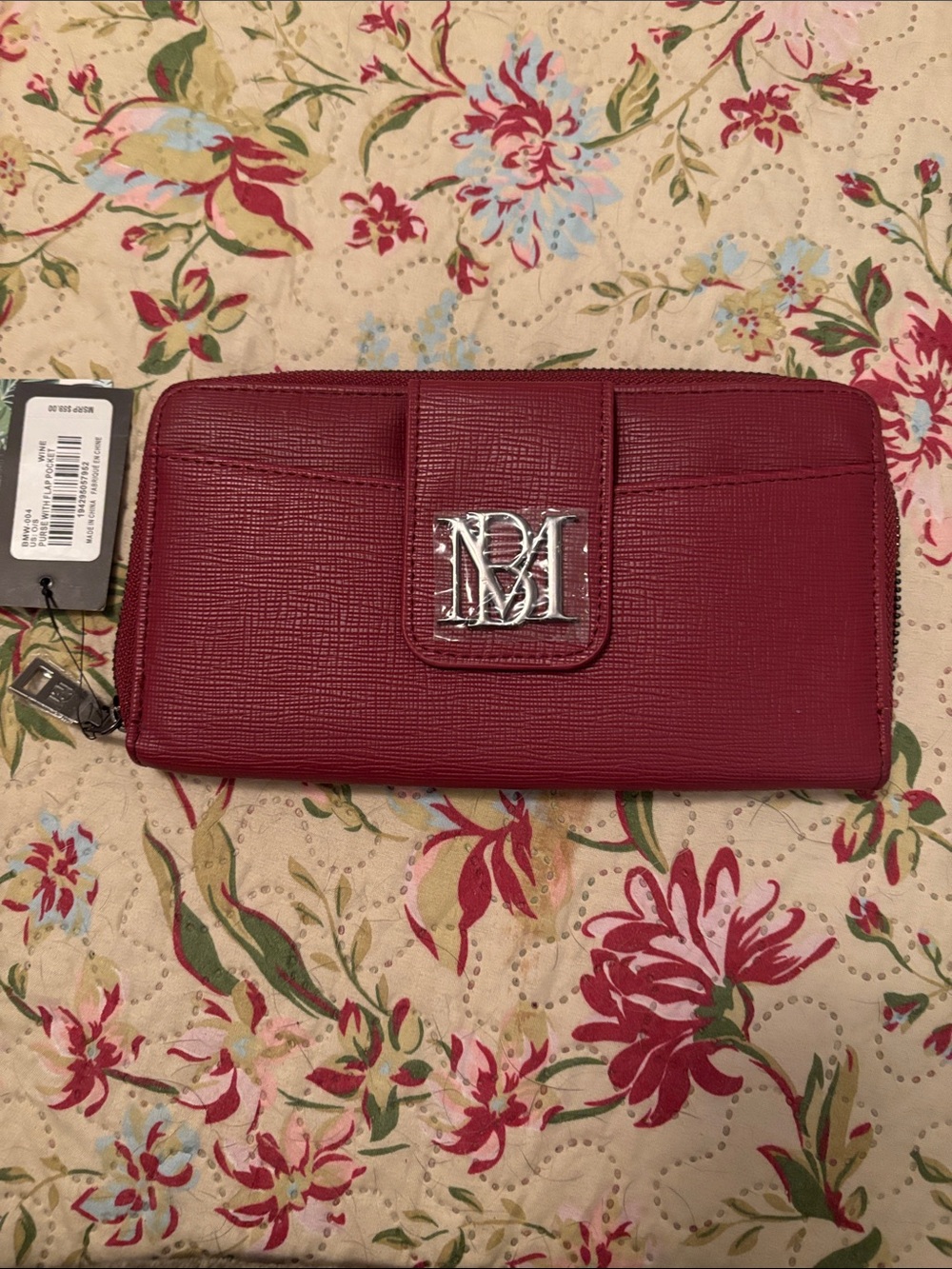 Badgley Mischka Monogram Zip-Around Red Wallet - Women's Saffiano Style
